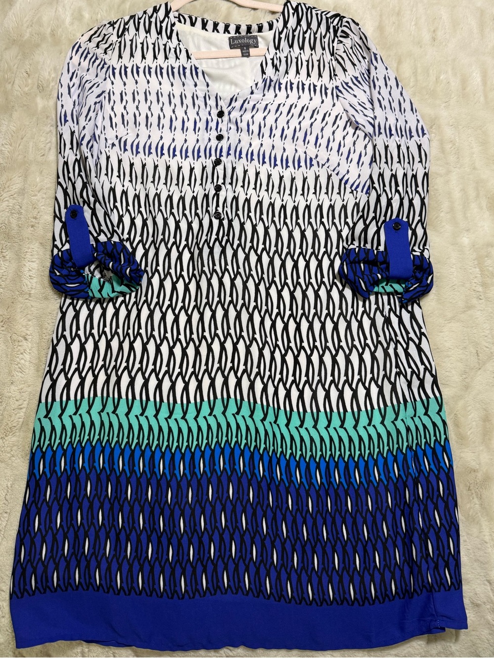 Luxology Blue, Teal & White Patterned Long Sleeve Dress Size 6